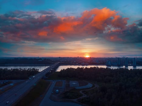 BARNAUL CITY. RUSSIA - JUNE 07, 2020: Aerial shot of view to Barnaul city. Siberia, Russia. Summer beauty sunset on June 07, 2020 in Altayskiy krai, Siberia, Barnaul, Russia.