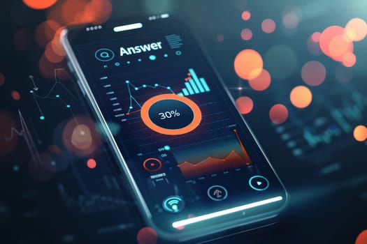 Mobile interface showcasing a sleek design for a business-themed quiz app with dynamic charts and graphs. features an engaging "answer now!" button, blending functionality and aesthetics, ideal for interactive learning or corporate training.