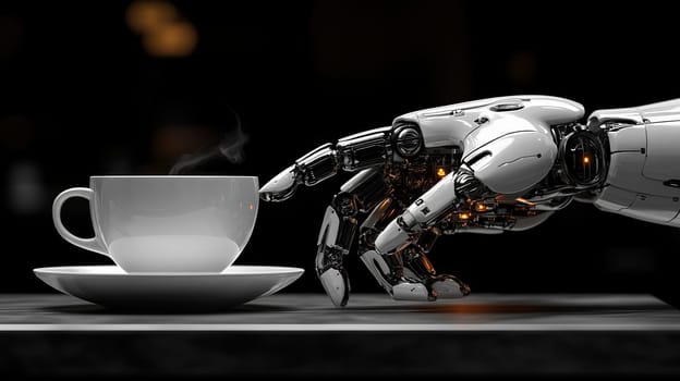 Futuristic robotic hand reaching for a steaming white cup and saucer on a dark background.