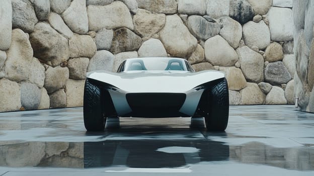 Sleek silver concept car parked next to a concrete wall, reflecting in wet pavement, exudes power and speed with modern, futuristic design