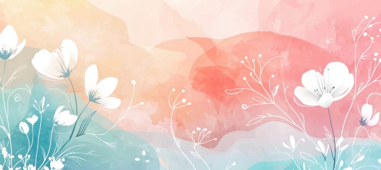 Abstract spring backdrop featuring soft gradient layers in pastel tones adorned with delicate white floral silhouettes. the open design offers ample space, perfect for adding text in promotional materials or creative visuals.