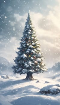 Majestic snow-covered evergreen tree adorned with colorful lights stands in peaceful winter landscape. Gentle snowfall creates enchanting, festive atmosphere for holiday, nature, winter-themed project