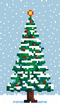 Pixel art Christmas tree adorned with ornaments and glowing star, set against a snowy backdrop. Retro 8-bit style adds nostalgic charm, ideal for digital projects, holiday cards, and festive designs