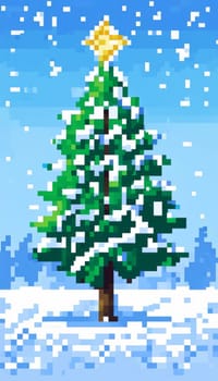 Pixel art Christmas tree with star on top in snowy landscape. Retro 8-bit style evokes nostalgia, perfect for digital projects, festive games, holiday cards, creative designs celebrating winter charm
