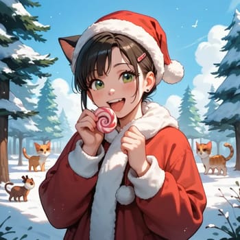 anime girl with candy in santa claus costume holiday. High quality illustration