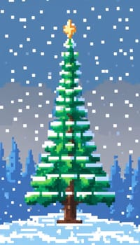 Pixel art Christmas tree with bright star on top against snowy backdrop. Retro 8-bit aesthetic evokes nostalgia, perfect for digital project, holiday cards, creative design celebrating festive spirit