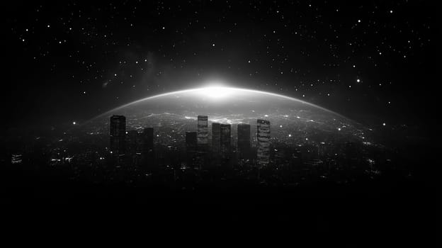 A dark futuristic city skyline beneath a glowing horizon, surrounded by stars and a cosmic atmosphere, evoking a sci-fi feel.