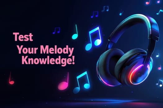 Vibrant advertisement showcasing a music trivia app, a glowing headset surrounded by colorful musical notes and an energizing tagline. ideal for promotional materials in the music and entertainment industry.