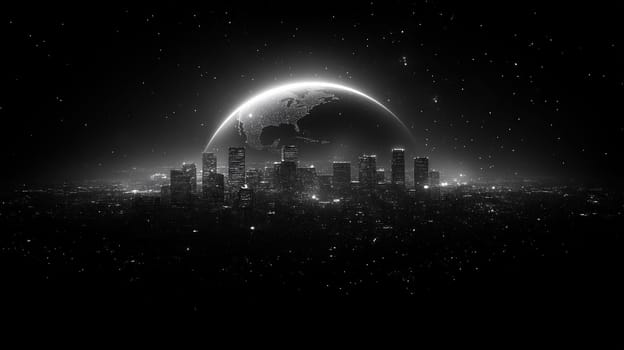 A futuristic cityscape silhouetted against a glowing Earth horizon surrounded by stars, creating a sci-fi and cosmic atmosphere.