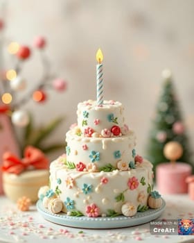 birthday cake, candles holiday, dessert food. High quality photo