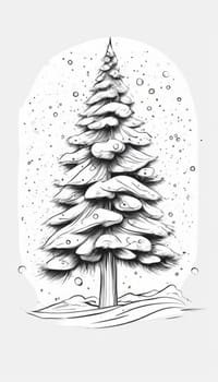 Hand-drawn illustration of snow-covered Christmas tree, intricately detailed with swirling branches, falling snowflakes. Black white aesthetic offers elegant, timeless charm for holiday card, design