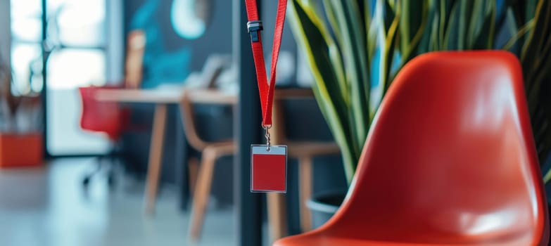 A contemporary workspace featuring a red ergonomic chair with a lanyard and badge hanging from it. the blurred background of an office environment highlights themes of productivity and professionalism suitable for corporate settings.