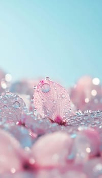 Delicate cherry blossom petals glisten with morning dew, set against a tranquil soft blue sky, creating an elegant and serene springtime scene perfect for backgrounds or seasonal designs with a peaceful ambiance.