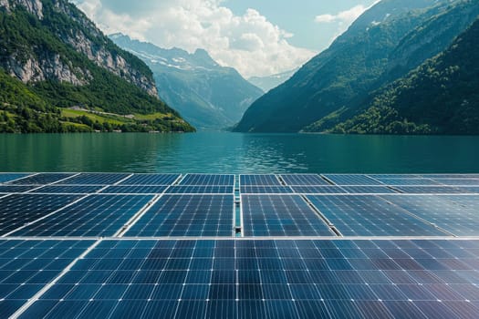 A solar panel field is shown with a body of water in the background. The water is calm and the sky is clear. The solar panels are spread out across the field