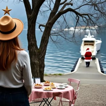 girl in brown hat looks at sea, stand back,instagram style, Christmas tree holiday. High quality photo