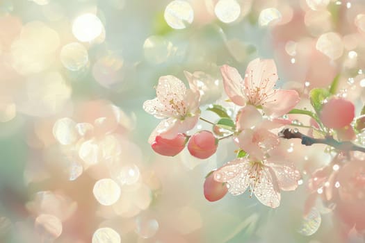 Delicate pink blossoms covered in dew evoke a fresh, spring atmosphere. overlapping bokeh lights add a dreamy quality, creating an enchanting background ideal for seasonal and floral designs, greeting cards, and nature-themed projects.