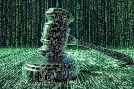 A gavel is shown in a green background with a lot of numbers. The gavel is surrounded by a lot of numbers and it looks like it is in a computer program