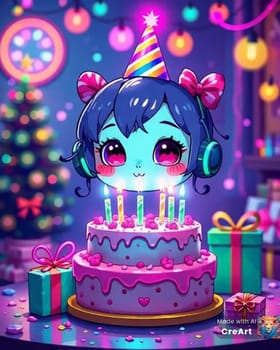 birthday cake, candles holiday, dessert food. High quality photo