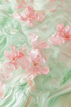 Soft pastel tones in pink and green blend seamlessly with floating floral patterns, evoking a sense of blooming flowers. clean and inviting, ideal for enhancing digital marketing materials, conveying freshness and renewal.