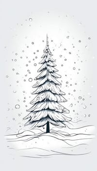 Whimsical hand-drawn Christmas tree in snowy landscape with delicate falling snowflakes. Elegant black white design exudes festive charm, perfect for holiday cards, artistic projects, seasonal decor