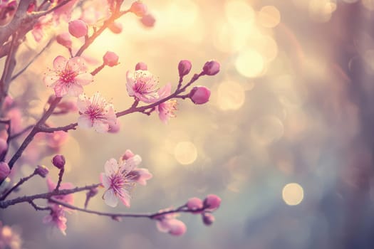 Delicate pink cherry blossoms bloom against a backdrop of soft pastel colors and subtle bokeh, creating a serene and inviting ambiance perfect for seasonal designs and promotional graphics with a gentle touch.