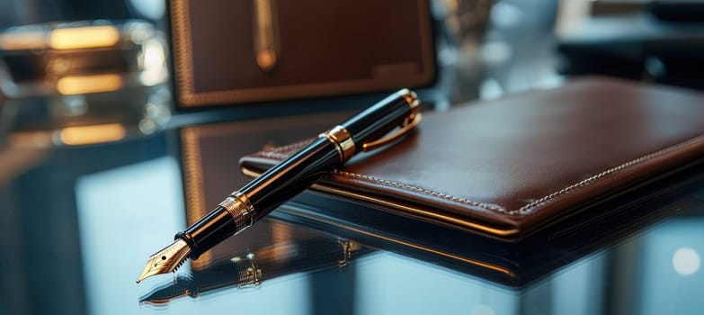 Luxurious leather lanyard with embossed branding rests elegantly on a glass table. accompanied by a corporate folder and a finely crafted fountain pen, this scene epitomizes sophistication and professionalism in an office environment.