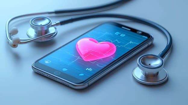 Digital illustration of a smartphone displaying a heart monitor, with a stethoscope placed beside it on a light background.