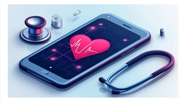 Digital illustration of a smartphone displaying a heart rate monitor, surrounded by medical tools like a stethoscope on a clean background.