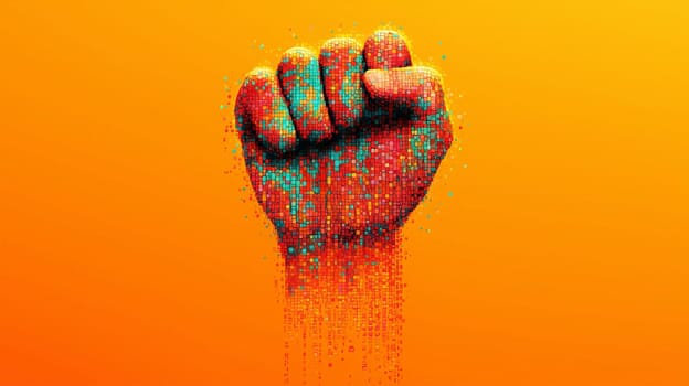 A vibrant raised fist composed of red, blue, and orange pixelated fragments, symbolizing power, unity, and digital transformation.