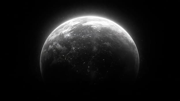 A glowing half-planet illuminated in space, surrounded by faint light and distant stars against a dark cosmic background.