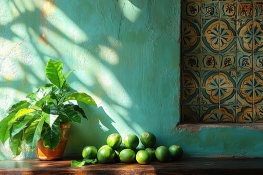 A beautiful and serene display featuring vibrant limes and a lovely potted plant set against a textured turquoise wall
