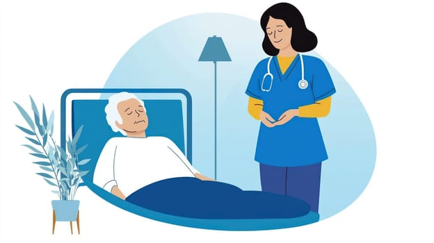 A nurse providing compassionate care to sleeping patient in hospital room. scene conveys warmth and professionalism