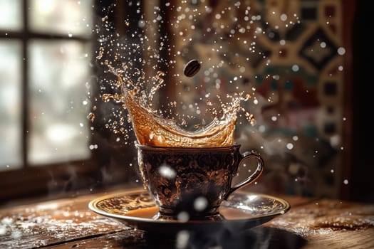 A dynamic splash of coffee is captured beautifully in a decorative porcelain cup, evoking feelings of warmth and energy