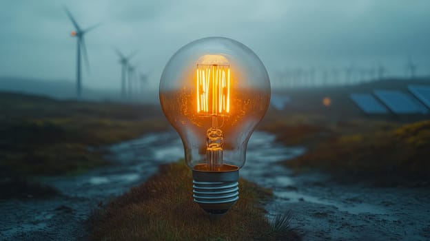 A glowing light bulb on a dirt path surrounded by wind turbines and solar panels in a foggy landscape.