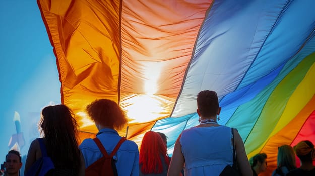 Participants stroll beneath a sprawling rainbow flag, basking in sunlight, celebrating diversity in an urban event - Generative AI