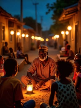 An aged african, griot shares captivating stories with children gathered around a lantern on a dusty street as warm lights illuminate the village at twilight - Generative AI
