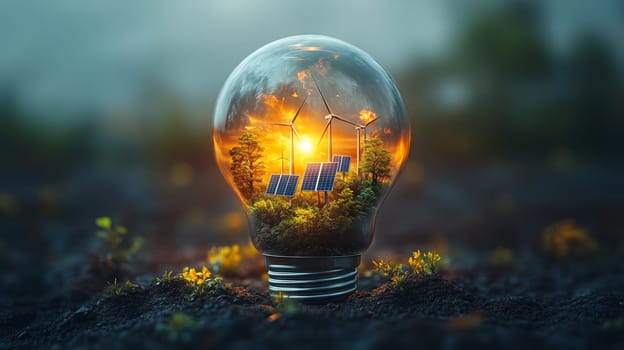 Glass light bulb containing solar panels, wind turbines, and trees illuminated by sunset, symbolizing renewable energy and sustainability.