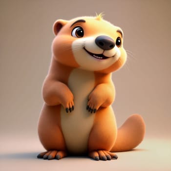 A cartoon marmot character sits happily with a big smile, featuring soft fur and a playful stance against a neutral backdrop - Generative AI