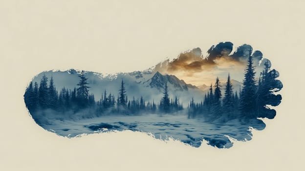 Creative footprint illustration featuring a snowy forest, mountain peaks, and sunset sky. Concept of nature, wilderness, and environmental impact.