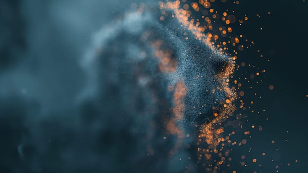 Stunning piece of digital art depicting dissolving particles and glowing orange dots against a dark background, creating a sense of motion - abstract background - Generative AI