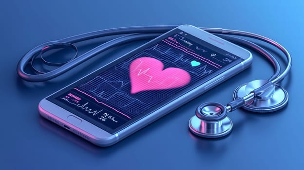 A smartphone displaying a heart monitor app with a pink heart, placed beside a stethoscope on a blue gradient background.