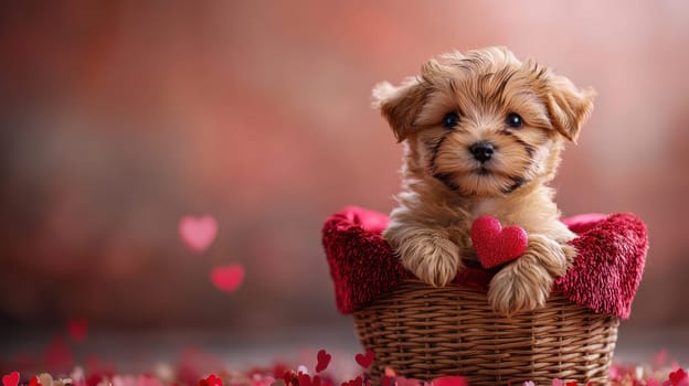 A small puppy sitting in wicker basket, surrounded by hearts, exudes joy and cuteness