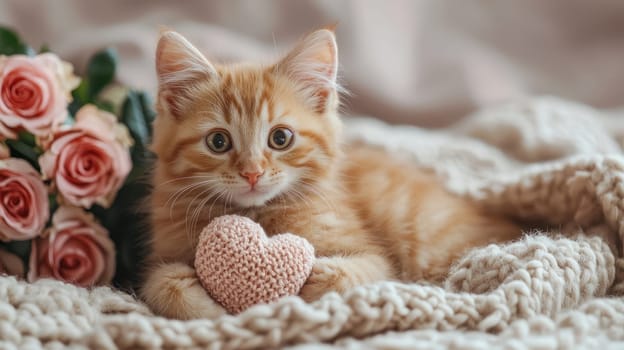 A playful orange tabby kitten holding small heart, surrounded by roses, exudes warmth and affection