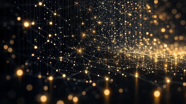 Futuristic digital illustration of glowing golden points and interconnected lines, resembling a dynamic network or data flow on a dark background.