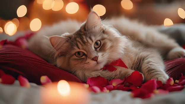 A fluffy white cat with red ribbon relaxes on pillow surrounded by rose petals and soft candlelight, creating cozy atmosphere