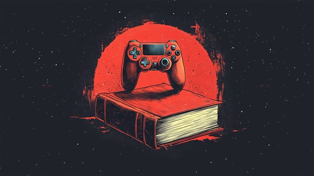 Dark stylized illustration of a red game controller resting on a book, set against a textured red cosmic background with stars.