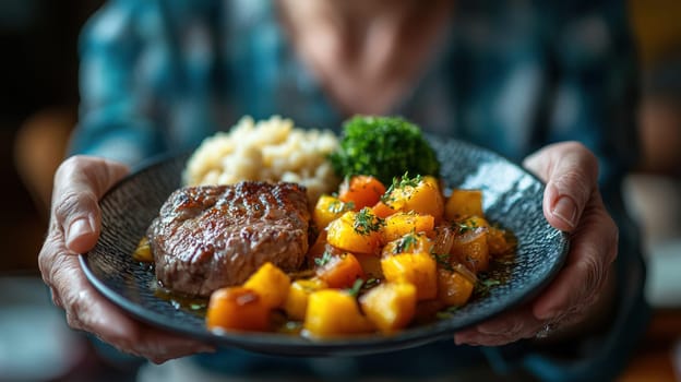 A nutritious and appealing meal featuring steak, rice, broccoli, and squash. vibrant colors and textures create delightful dining experience