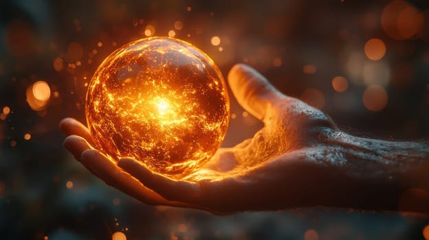 A hand reaching towards glowing orb symbolizes energy and potential. vibrant colors and dynamic light create captivating scene