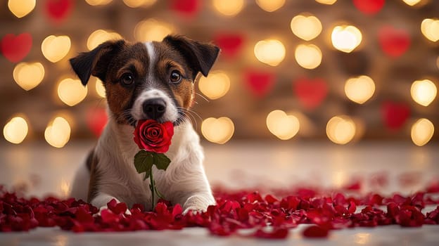 A playful scene of dog holding red rose surrounded by rose petals and heart shaped lights, evoking romantic atmosphere