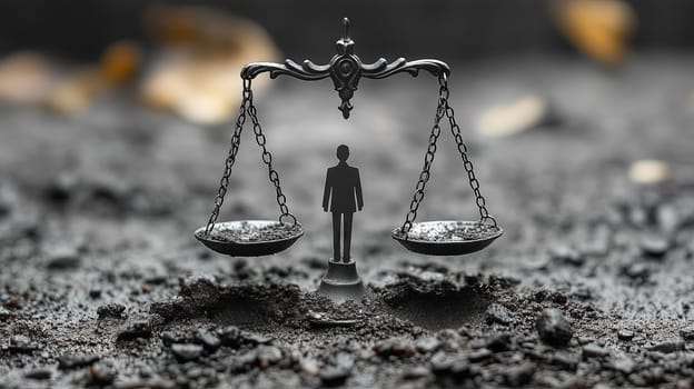 A miniature balance scale with a human silhouette as the center, set on textured rough ground, symbolizing justice and life balance.